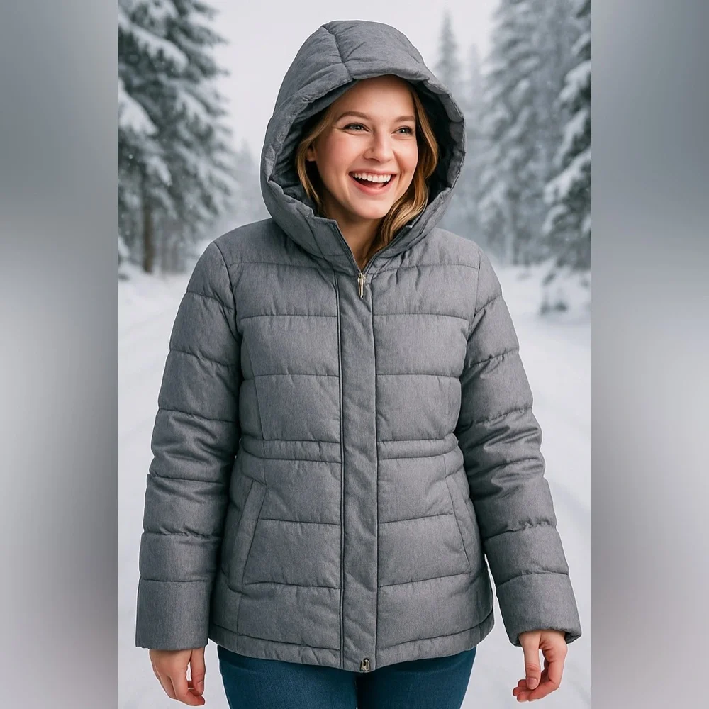 GAP Mid Puffer Jacket Silver Heather Hooded Faux-Fur Lined – Women’s Size XL